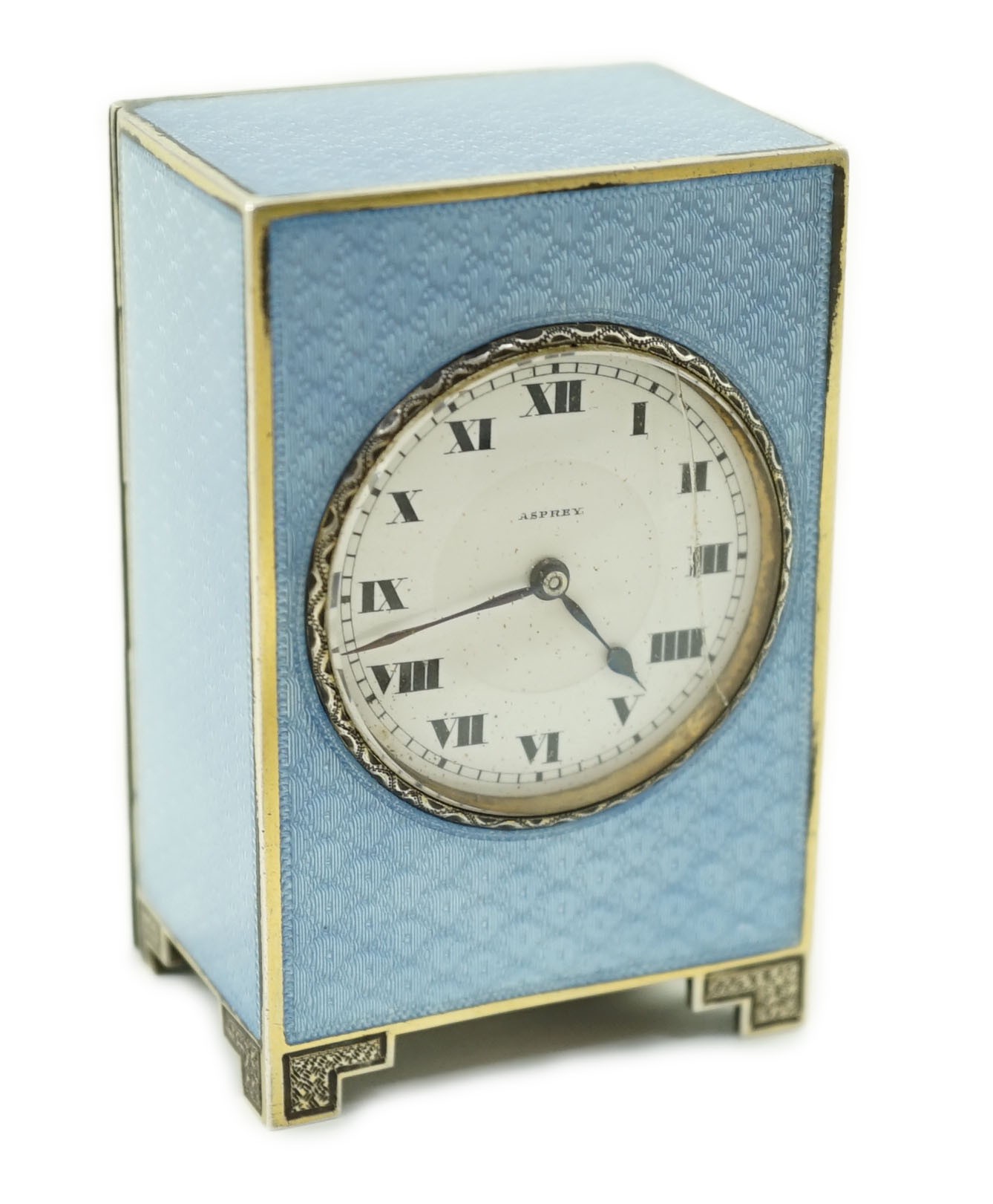 A George V continental silver and blue guilloche enamel miniature timepiece, retailed by Asprey